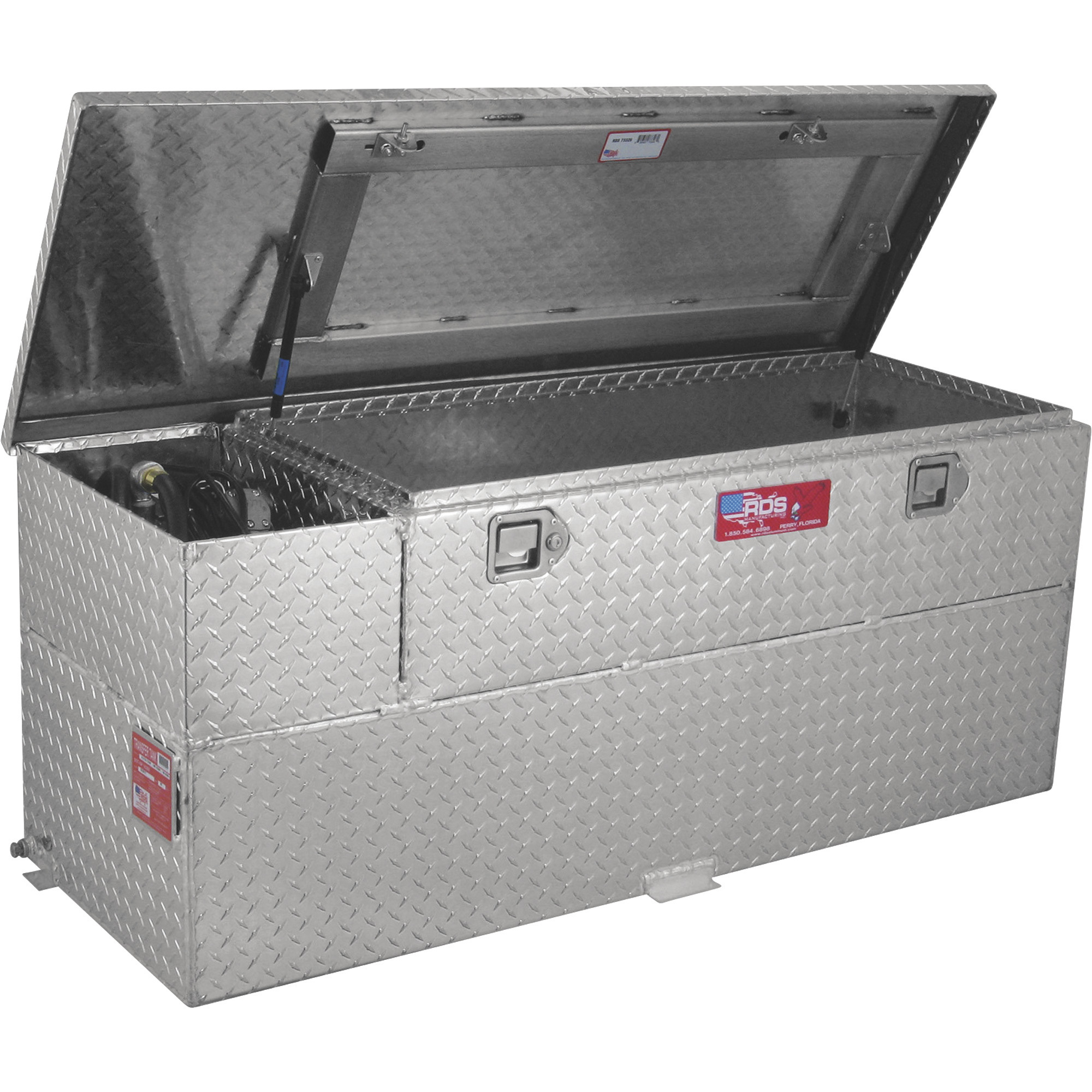 RDS Aluminum Transfer Fuel Tank Toolbox Combo with GPI 12V Fuel Transfer Pump, 60-Gallon, Rectangular, Diamond Plate, 8 GPM, Model# 73326